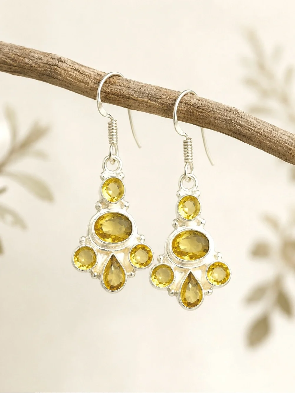 Elegant Yellow Citrine Chandelier High Finish Silver Drop Dangle Earrings